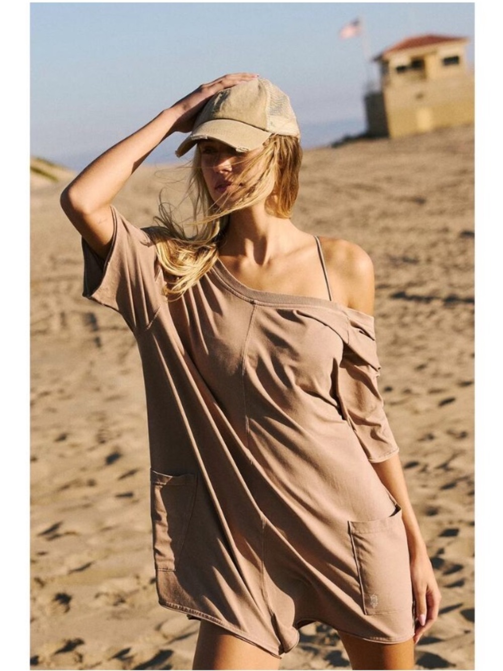 FP Movement by Free People Taupe Off-Shoulder Romper